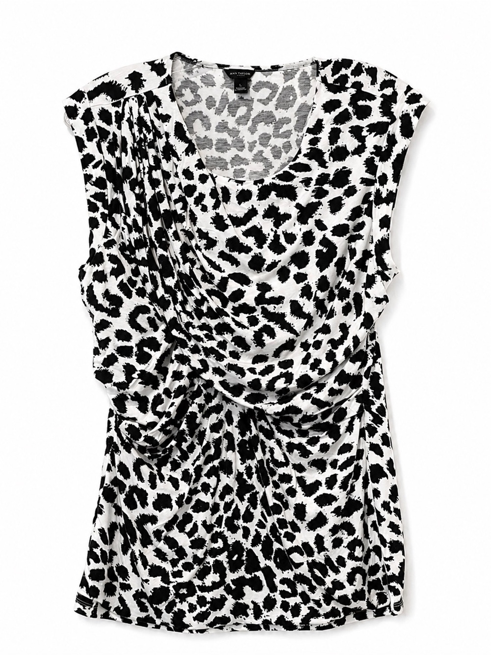 Ann Taylor Large Black White Leopard Print Ruched Sleeveless Top